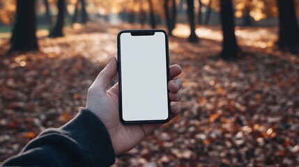 Poster - Hand Holding Phone in Autumn Park Setting