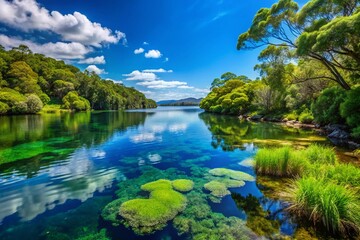 Wall Mural - Tranquil Bullfrog Bay Landscape with Lush Greenery and Calm Waters Under a Clear Blue Sky