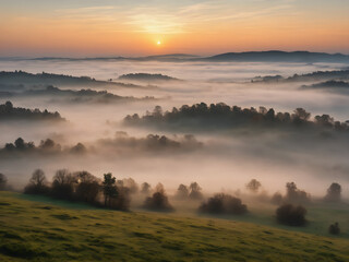 A tranquil scene of a misty sky at dawn, with the landscape partially obscured by fog and the soft light of morning breaking through
