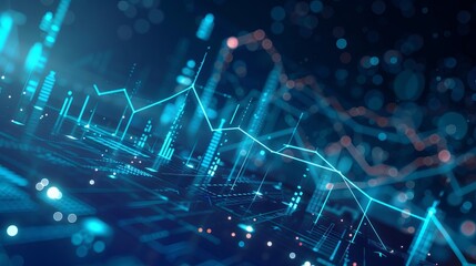 Wall Mural - Blue growth chart representing financial success with rising data graph and upward arrow symbol on abstract background for marketing and investment analytics