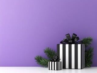 Poster - Black and White Striped Gift Boxes with Green Branches on Purple Background.