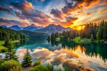 Wall Mural - Tranquil Sunset Over Serene Lake Surrounded by Lush Green Forest and Majestic Mountains in Background