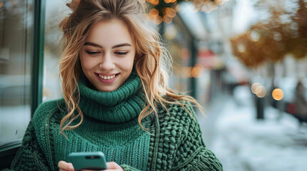 Wall Mural - Girl in a green sweater smiles looking at the phone.