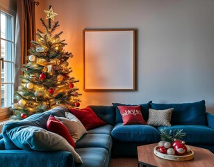 Wall Mural - mockup white blank frame, Cozy living room, Christmas decor, blue sofa, white walls, Christmas tree lit at night