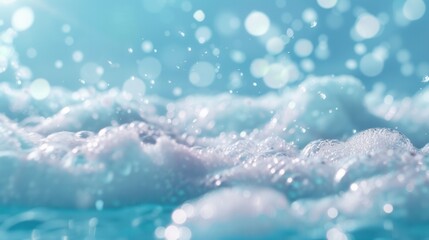 Poster - The surface of a bath is covered in fluffy white foam bubbles, reflecting soft light in a soothing blue environment, perfect for relaxation. Generative AI