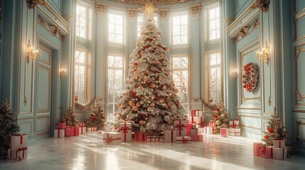 A big room in Christmas feeling, with a big Christmas tree, with candy colors decoration. Candy colors gift under the tree.