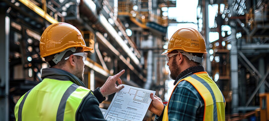 Fototapete - An engineer and construction worker in safety vest and yellow safety hat at a steel manufacturing plant, with holding papers, the worker is explaining something to engineer.
