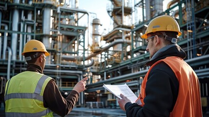 Fototapete - An engineer and construction worker in safety vest and yellow safety hat at a steel manufacturing plant, with holding papers, the worker is explaining something to engineer.