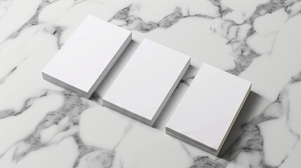 Wall Mural - Three distinct 3D business card mockups elegantly arranged on a clean white marble background, professional design presentation