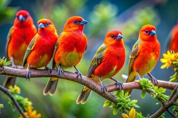 Wall Mural - Vibrant Finches of the Galapagos Islands Perched on Branches in Their Natural Habitat