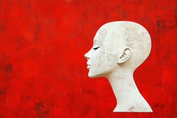 Isolated white silhouette of a human head against a vibrant red background showcasing profile view