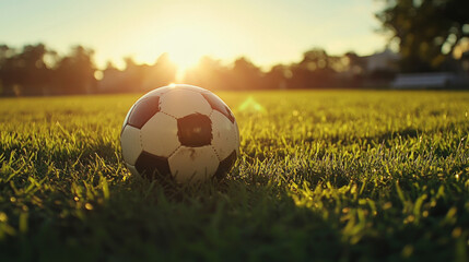 Close-up of a soccer ball on a grass field at sunset