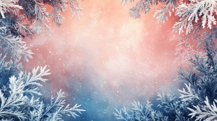 Frost-Covered Branches Against a Soft Pink and Blue Sky with Falling Snow