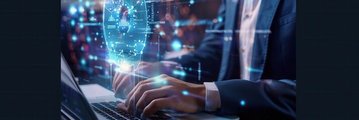 Poster - A professional works on a laptop while integrating cybersecurity measures for enhanced data protection in a tech-driven environment. Generative AI