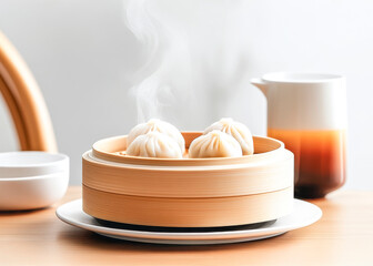 Steaming Chinese Dumplings: A tantalizing visual of freshly steamed dumplings in a bamboo steamer, emitting delicate wisps of steam, promises a savory and flavorful culinary experience.  