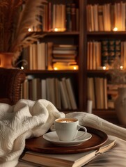 Fototapete - This inviting space features a cup of coffee resting on a tray alongside soft blankets and shelves filled with books, perfect for a quiet moment. Generative AI