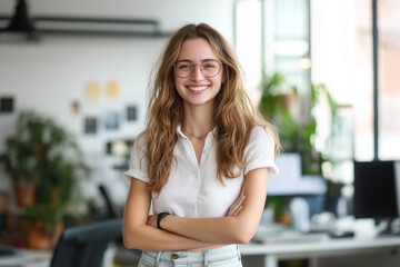 young beautiful happy woman standing smiling in the office at work