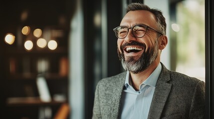 Canvas Print - Happy Businessman Smiling in Modern Office Setting