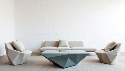 Modern minimalist space with rare, sculptural furniture pieces, including a geometric glass coffee table, white stone walls with a smooth texture, and neutral-colored throw pillows.