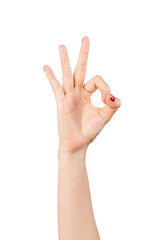 Wall Mural - female hand showing the ok gesture at screen on isolated background.