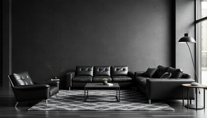 Minimalist living room with a monochrome palette, featuring black leather seating, dark gray textured walls, and a geometric rug.