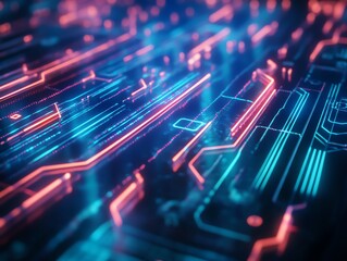 Leinwandbilder - Abstract futuristic circuit board with glowing lines and vibrant colors.