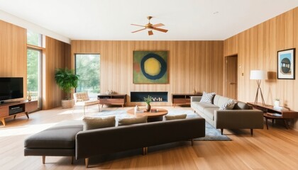 Mid-Century Modern living room featuring a unique asymmetrical layout, showcasing low seating, a large wall-mounted artwork, and light wood paneling for a cohesive look.