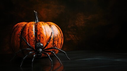 Canvas Print - Halloween themed pumpkin and spider on dark background