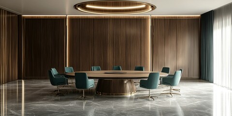 contemporary design of cyan meeting room with luxury round table and elegant brown wood panels background 