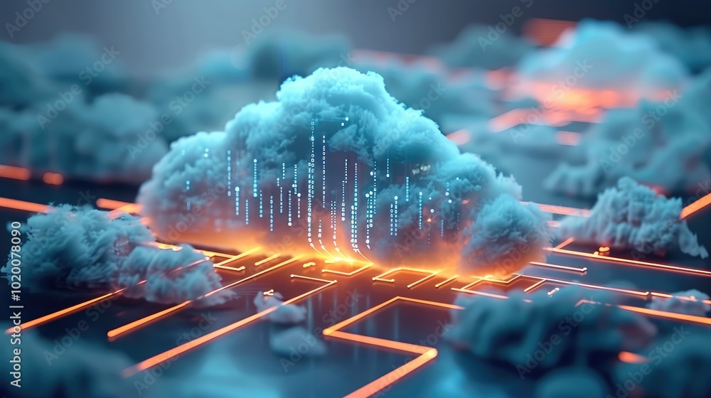 A cloud network with glowing lines representing the flow of data ...