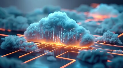 Leinwandbilder - A cloud network with glowing lines representing the flow of data between servers, computers, and mobile devices.