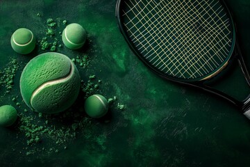 Creative arrangement of green tennis ball-shaped ice creams with a tennis racket on a textured green background, offering a playful and sports-inspired twist on dessert presentation