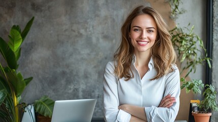 Canvas Print - Smiling Woman in Modern Office Setting