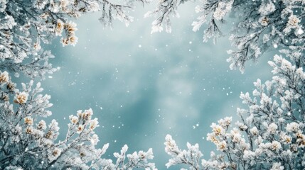 A Wintery Frame of Frost-Covered Branches Against a Blue Sky with Falling Snow