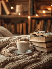 Poster - A warm cup of coffee sits beside a stack of books in a cozy nook, inviting readers to enjoy a peaceful moment of relaxation. Generative AI