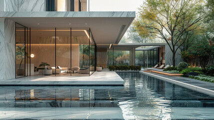 Leinwandbilder - A sleek, minimalist-designed home with large windows and marble walls, set in an urban garden.