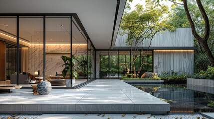 Leinwandbilder - A sleek, minimalist-designed home with large windows and marble walls, set in an urban garden.
