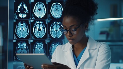 Wall Mural - Female Scientist Reviewing Brain Scans in Laboratory