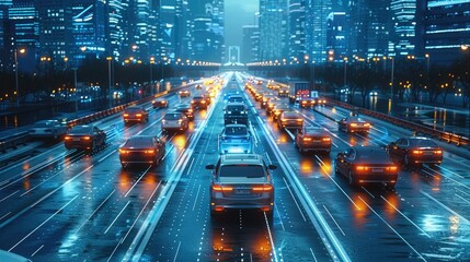Poster - High-tech city with high-tech cars driving on the road, blue data.