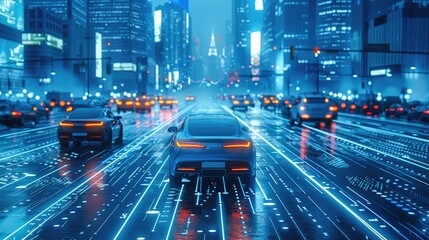 Poster - High-tech city with high-tech cars driving on the road, blue data.
