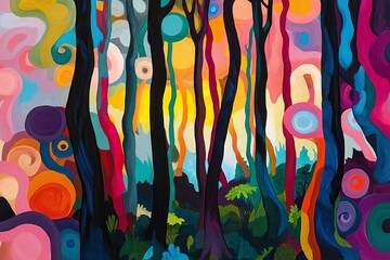 Poster - A playful, abstract painting of a forest scene, where the trees and plants are rendered in bright, colorful swirls