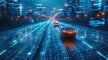 Poster - High-tech city with high-tech cars driving on the road, blue data.