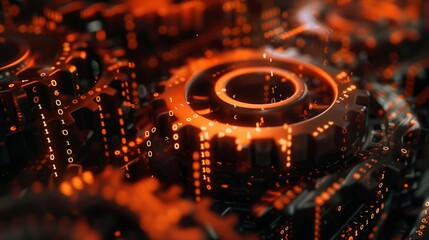 Rust programming language concept with rusty gears emerging from the dark, symbolizing innovation and strength in software development.