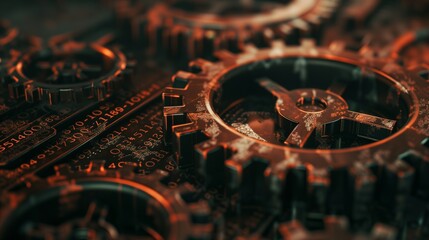 Rust programming language concept with rusty gears emerging from the dark, symbolizing robust and efficient coding.