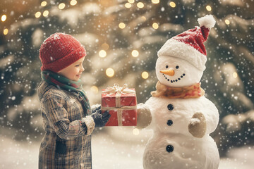 Boy gives a gift to snowman in the background of Christmas holiday.