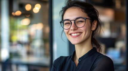 Sticker - Cheerful Young Woman in Modern Coffee Shop