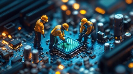 Creative Miniature Construction Workers Repairing Microchip on Circuit Board.