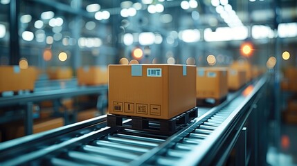 Fototapete - Smart warehouse production with automated packaging robots sorting and boxing products.