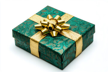 green gift box wrapped with gold bow and ribbon