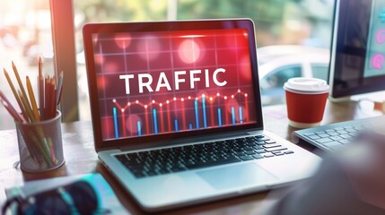 Wall Mural - a sleek laptop displaying the word traffic on its screen, symbolizing website engagement and digital